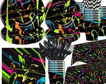 Neon Party Plates, Napkins, Cups, Tablecloth Disposable Tableware Serves 24, Neon Glow in the Dark Colorful Graffiti Birthday Dinnerware