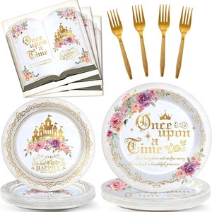 May include: A set of 8 white paper plates with gold trim and a fairytale theme. The plates feature a watercolor design of a castle, flowers, and the text "Once Upon a Time". The plates are perfect for a princess-themed party.