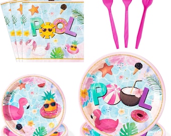 Pool Party Plates, Napkins, Forks Disposable Tableware Serves 24, Summer Pool Beach Themed Party Decorations, Pool Party Dinnerware