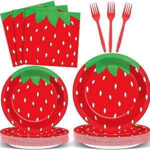 Strawberry Party Plates, Napkins, Forks Disposable Tableware Serves 24 Summer Fruit  Strawberry Birthday Baby Shower Dinnerware