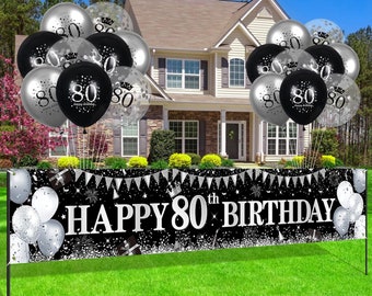 Rose Gold & Black 80th Birthday Decorations - Yard Banner & 18 Balloons Party Set