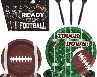 Football Party Plates, Napkins, Forks Disposable Tableware Serves 24 Football Birthday Decorations, Touchdown Football Game Day Dinnerware