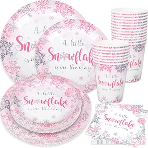 Snowflake Baby Shower Plates, Napkins, Forks Disposable Tableware Serves 25, Pink and Silver a Little Snowflake is On The Way Dinnerware