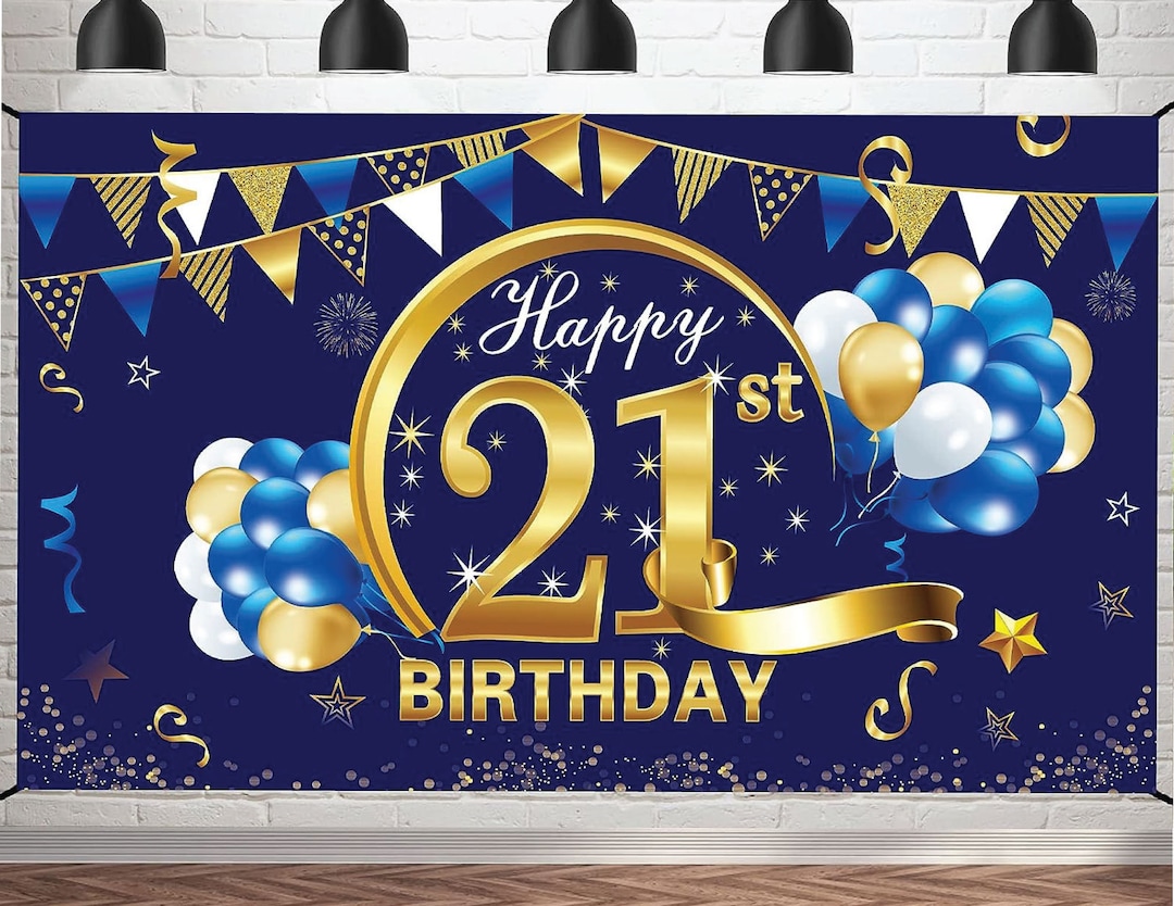 21st Birthday Banner Backdrop Decorations Girl and Boy Blue and Gold