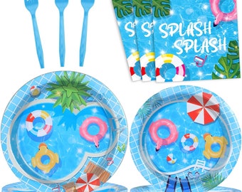 Pool Party Plates, Napkins, Forks Disposable Tableware Serves 24, Summer Pool Beach Themed Party Decorations, Splish Splash Birthday