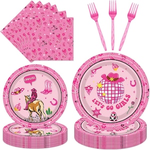 May include: Pink and white disposable party plates with a cowgirl theme. The plates feature a pink disco ball, a cowboy hat, and the text "Let's Go Girls".