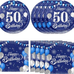 50th Birthday Dessert Plates and Napkins Disposable Tableware Serves 20 Navy Blue and Silver 50th Birthday Decorations Men Women 50th
