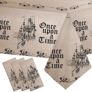 May include: A tan tablecloth and napkins set with a fairytale castle illustration and the words "Once upon a Time" in black gothic script. The castle is depicted with a long bridge leading to it.