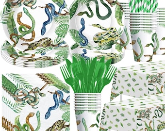 May include: A green and white snake themed party supplies set with plates, napkins, cups, cutlery, and a tablecloth. The set features a tropical jungle design with snakes, leaves, and palm trees.