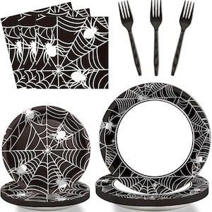 Halloween Party Plates, Napkins, Forks Disposable Tableware Serves 24 Black and White Halloween Spider Dinnerware, Spider Web Plates