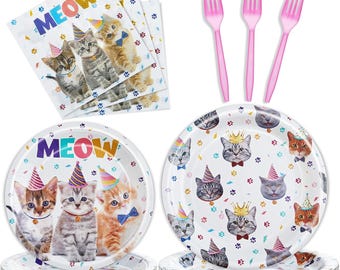 May include: A collection of party supplies featuring a cat theme. Includes plates, napkins, and pink plastic forks. The plates and napkins have images of cats wearing party hats and bow ties. The word "MEOW" is printed on the plates and napkins.