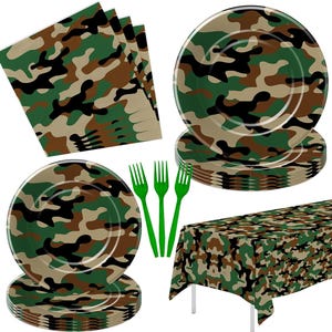 Army Camouflage Theme Party Plates, Napkins, Forks Disposable Tableware Serves 24, Hunting Army Military Dinnerware Camo Camouflage Birthday