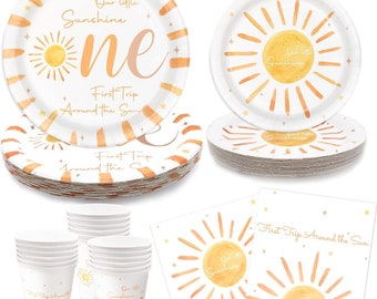 Sunshine 1st Birthday Plates, Napkins, Cups Disposable Tableware Serves 24, First Trip Around The Sun Dinnerware, Sunshine First Birthday