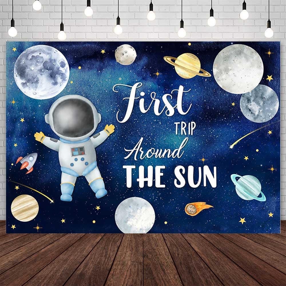 Avezano First Trip Around The Sun Birthday Banner - Outer Space Theme, 70.8x43.3 Inch, For Girls 1st Birthday