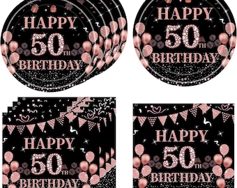 50th Birthday Dessert Plates and Napkins Disposable Tableware Serves 20 Black and Rose Gold 50th Birthday Decorations Women 50th Decorations