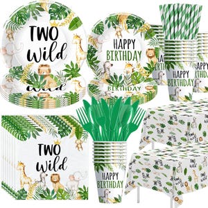 Two Wild Birthday Plates, Napkins, Cups, Tablecloth Disposable Tableware Serves 24, Safari Animals Two Wild 2nd Birthday Dinnerware