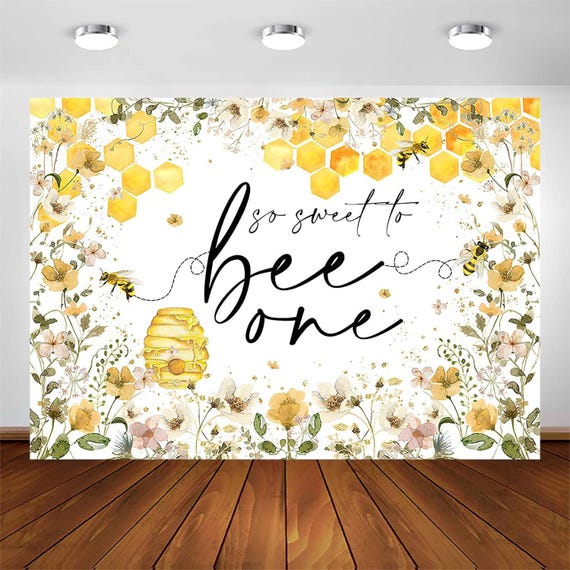 Bee Happy Birthday Backdrop 7x5ft - Honeycomb Gold Theme Photo Background Decor