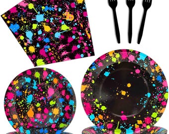 Neon Party Plates, Napkins, Forks Disposable Tableware Serves 24, Glow Party Birthday Decorations, Neon Glow in the Dark Birthday Dinnerware