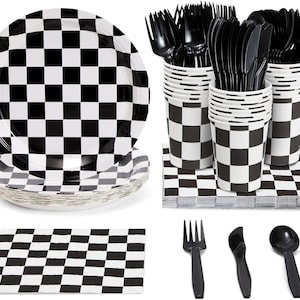 May include: Checkerboard themed party supplies including plates, cups, napkins, forks, spoons, and knives. The plates are black and white checkered, the cups are black and white checkered, the napkins are black and white checkered, the forks are black, the spoons are black, and the knives are black.