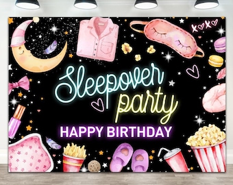May include: A black background with neon pink, blue, and yellow text that reads "Sleepover party" and "Happy Birthday". The background is decorated with stars, a moon, a sleep mask, popcorn, a feather, a bow, a pair of slippers, a glass of water with a straw, a cup of fries, and a pillow.