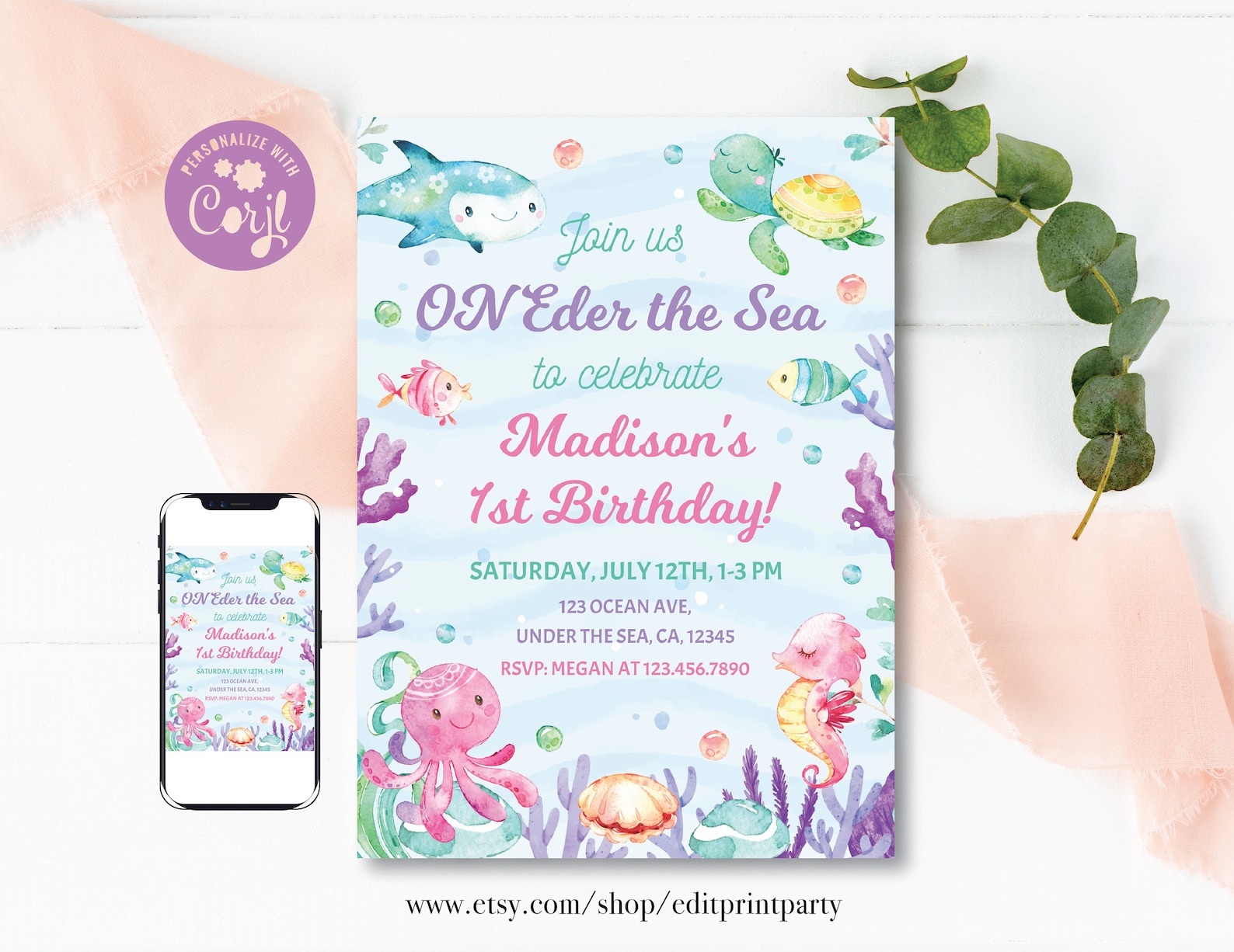 Under the Sea First Birthday Invitation Oneder the Sea Etsy