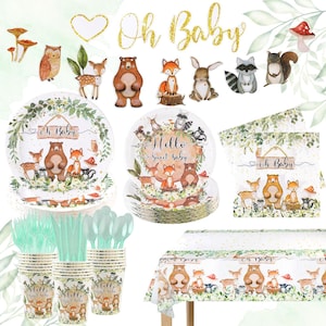 Woodland Animals Baby Shower Plates, Napkins, Cups, Tablecloth Disposable Tableware Serves 20, Woodland Creatures Hello Baby Dinnerware