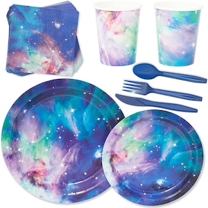 May include: A set of galaxy-themed party supplies, including paper plates, cups, napkins, forks, knives, and spoons. The plates and cups feature a swirling nebula design in shades of blue, purple, and green with white stars.