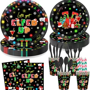May include: Black Christmas-themed party supplies set. Includes plates, napkins, cups, cutlery, and straws. The plates and cups feature the text "Let's get ELFED UP" with festive graphics. The set is decorated with snowflakes, stars, and Christmas lights.