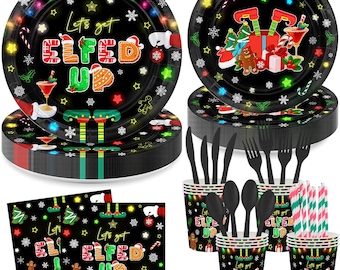 May include: Black Christmas-themed party supplies set. Includes plates, napkins, cups, cutlery, and straws. The plates and cups feature the text "Let's get ELFED UP" with festive graphics. The set is decorated with snowflakes, stars, and Christmas lights.