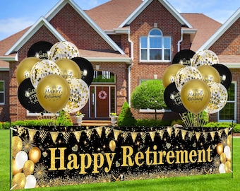 Large Happy Retirement Banner Backdrop And Balloons Decorations Black and gold Retirement Party Photo Booth Outdoor Indoor Yard Banner