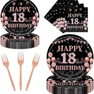 18th Birthday Party Plates, Napkins, Forks Disposable Tableware Serves 24, Black and Rose Gold 18th Birthday Decorations, 18th Dinnerware