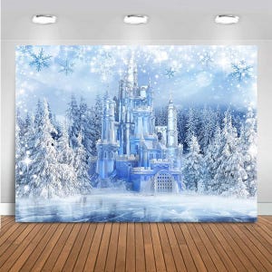 May include: A blue and white ice castle with snow-covered trees in the foreground. The castle has a tall tower and many windows. The background is a light blue sky with white snowflakes.
