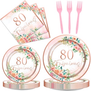 Floral 80th Birthday Party Plates, Napkins, Forks Disposable Tableware Serves 24, 80 Fabulous Birthday Decorations 80th Dinnerware for Women
