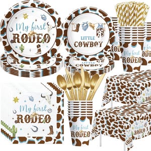 My First Rodeo Party Plates, Napkins, Forks Disposable Tableware Serves 24 Western Cowboy 1st Birthday Wild West Rodeo Cowboy Dinnerware