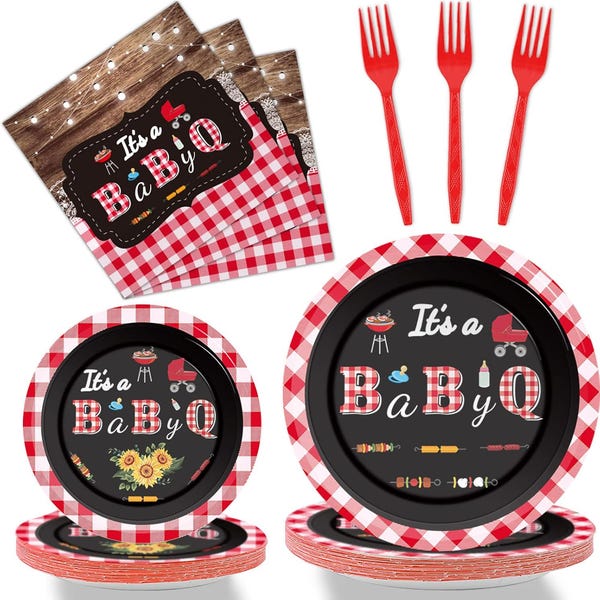 BBQ Baby Shower Party Plates, Napkins, Forks Tableware Serves 24, BabyQ Baby Shower Decorations, It’s A BabyQ Party Dinnerware
