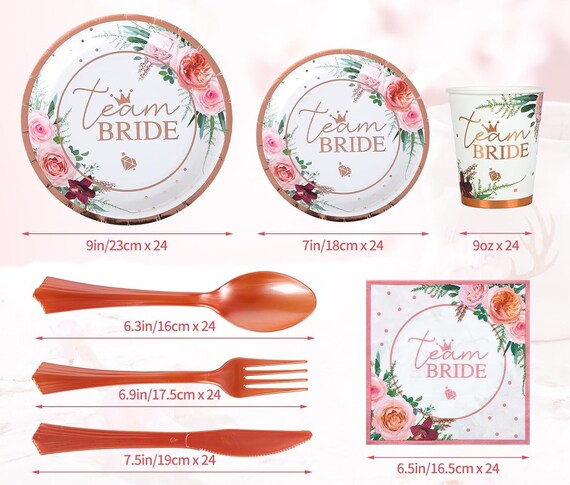 Floral Bridal Shower Tableware Serves 24 Team Bride Paper Plates Napkins Cups Rose Gold Bridal Shower Disposable Dinnerware Etsy
