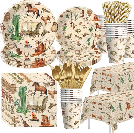 Western Cowboy Party Plates, Napkins, Forks Disposable Tableware Serves 24 Western Cowboy Birthday Wild West Cowboy Theme Party Plates