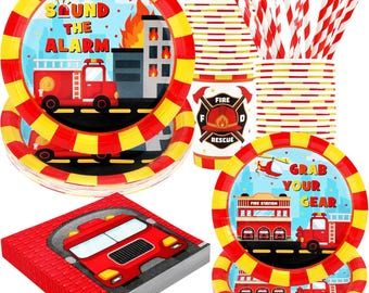 Fire Truck Birthday Plates, Napkins, Cups Disposable Tableware Serves 24, Firefighter  Kids Birthday Dinnerware, Sound The Alarm Plates