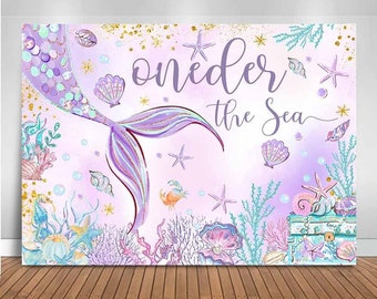 Mermaid Oneder The Sea 1st Birthday Backdrop Banner, Mermaid Theme Girls First Birthday Party Decorations, Purple Under The Sea Birthday