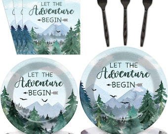 Let the Adventure Begin Baby Shower Plates, Napkins, Forks Disposable Tableware Serves 24, Rustic Forest Pine Tree Mountain Baby Shower