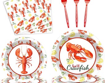 Crawfish Boil Party Plates, Napkins, Forks Disposable Tableware Serves 25, Lobster Crayfish Crab Shrimp Seafood Boil Birthday Dinnerware
