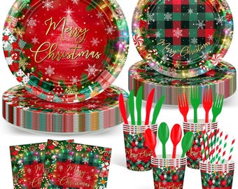 May include: Christmas-themed party supplies set. Includes red and green plates, cups, napkins, and cutlery. The plates feature a "Merry Christmas" message and festive designs. The set also includes red and green cutlery, and striped straws.