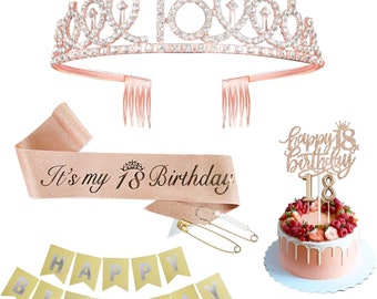 18th Birthday Sash and Tiara for Girls, it's my 18th Birthday Sash, Rose Gold 18th Cake Topper Number 18 Candle, Happy Birthday Banner