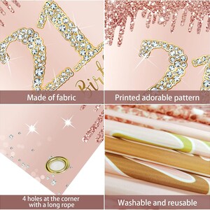 May include: A pink fabric backdrop with a gold glitter pattern and the number 21 decorated with rhinestones. The backdrop has four grommets in the corners for hanging. The backdrop is washable and reusable.