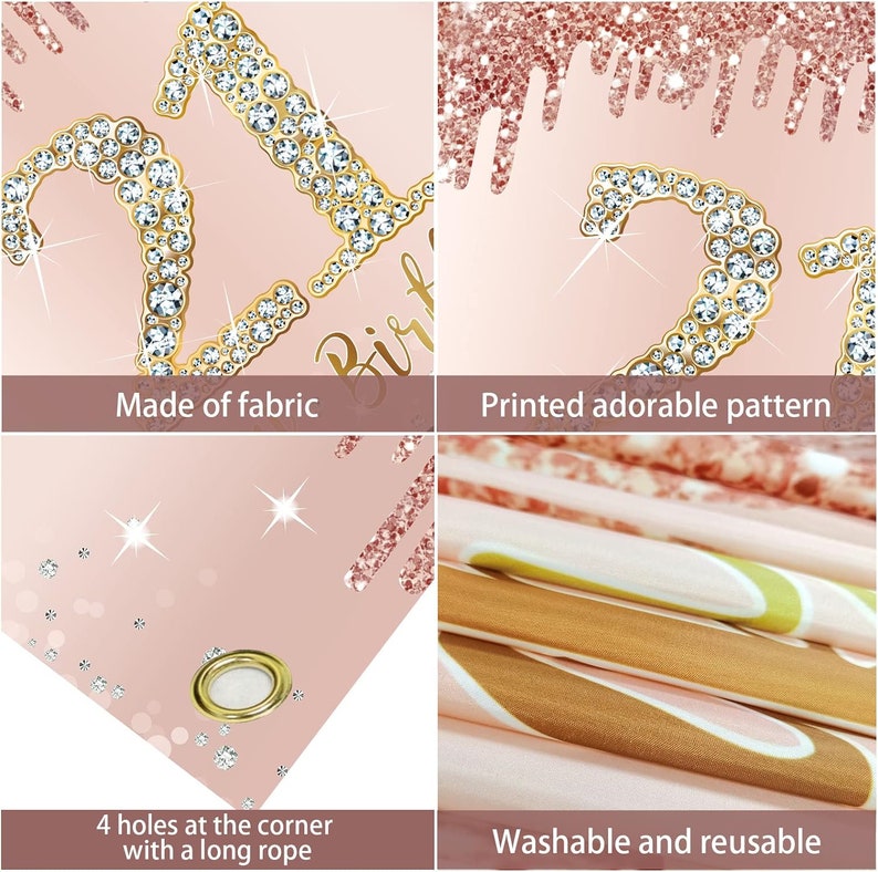 May include: A pink fabric backdrop with a gold glitter pattern and the number 21 decorated with rhinestones. The backdrop has four grommets in the corners for hanging. The backdrop is washable and reusable.