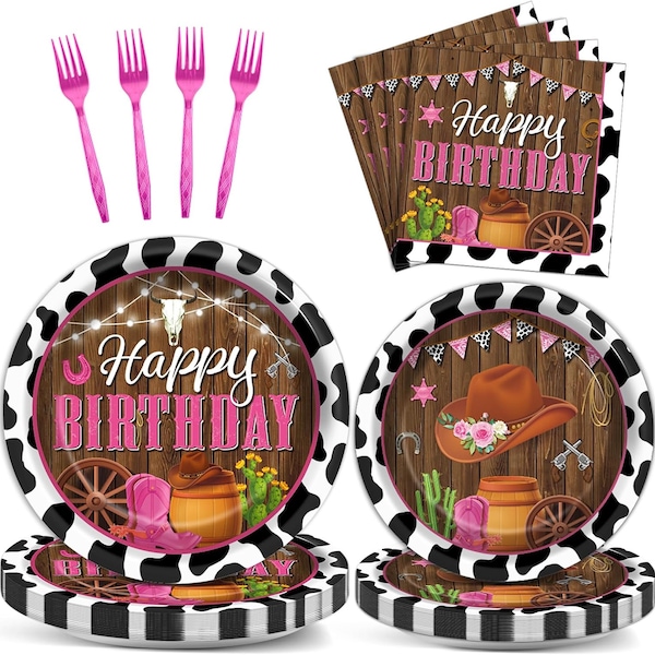 Cowgirl Birthday Party Plates, Napkins, Forks Disposable Tableware Serves 24 Western Cowgirl Birthday Wild West Cow Print Party Plates