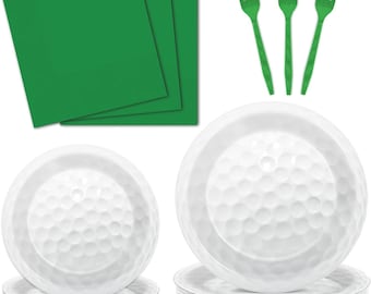 Golf Party Plates, Napkins, Forks Disposable Tableware Serves 25, Sports Golf Ball Themed Birthday Dinnerware White and Green