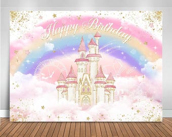 Princess Castle Birthday Backdrop Banner Watercolor Pastel Floral Pink Gold Castle Princess Birthday Party Decoration