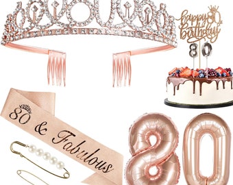 80th Birthday Sash and Tiara for Women, 80 and Fabulous Birthday Sash, Rose Gold 80th Cake Topper Rose gold Number 80 Balloon