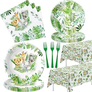Jungle Safari Party Supplies For Birthday, Baby Shower, Plates, Napkins, Forks, Tablecloth Disposable Tableware Serves 24 Safari Birthday